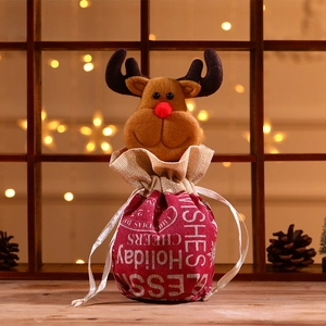 Grand sac de Noël rouge en lin avec renne en peluche 3D et texte de vœux blanc