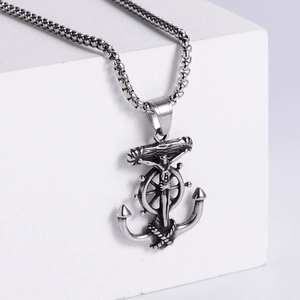 Vintage stainless steel anchor and rudder pendant with Jesus crucifix on box chain necklace