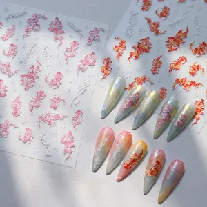Detailed relief koi fish nail stickers with gold stamping and 3D frosted texture