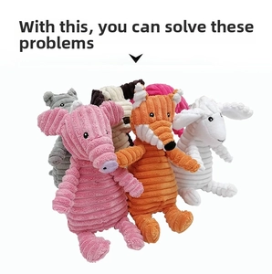 Detailed view of plush animal squeaky toys for dogs in striped corduroy texture