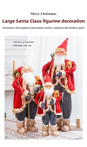 Three-piece Santa Claus ornaments in red and grey with plush textures in a cozy home setting