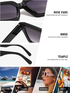 Detail view of retro square sunglasses featuring nose pads, hinge, and temple structure