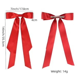 7-inch red satin bow hair clip with extra-long ribbons and silver metal spring clip