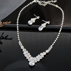 Sparkling teardrop zircon necklace and earrings set with polished silver finish on black