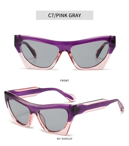 Cat eye sunglasses detail in pink gray gradient with wide temples in front and side views