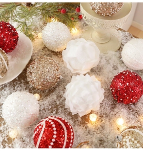 Close-up of luxury 8cm Christmas balls with sequins, pearls and snow texture on pine branches