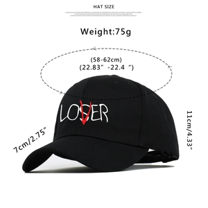 Black baseball cap with LOSER embroidery and red detailing, size 58-62cm with 7cm brim
