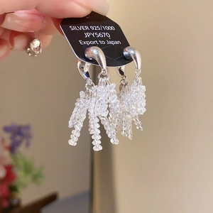 Close-up of 925 sterling silver tassel earrings with crystals and JPY5670 price tag