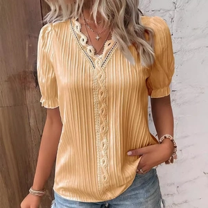 Women's summer hollow short sleeve warm yellow pleated shirt with V-neck lace detail