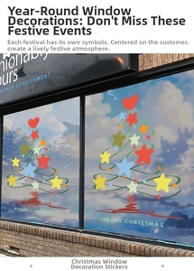 Detail view of festive Christmas tree window stickers with Merry Christmas text on glass