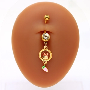 Piercing per ombelico vintage dorato con ciondoli a forma di coniglio e carota e smalto colorato