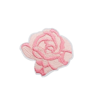 Pink rose embroidered patch with multi-layered silk thread on a white background