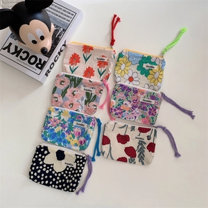 Women Cotton Canvas Floral Cosmetic Bag Small Coin Purse Zipper Portable Storage Pouch With Rope Pull Japanese Style