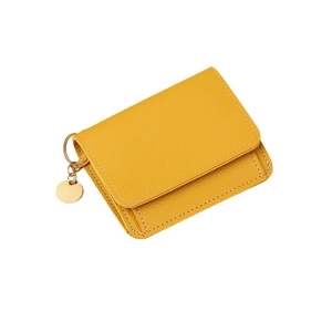Ginger yellow litchi grain leather wallet with gold keychain and round metal tag