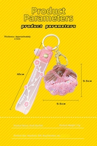 Pink shell acrylic keychain size detail showing strap with Happy Moments text