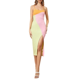 Sexy slim fit backless slit dress with orange, pink and green color blocking