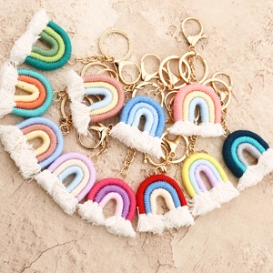 Handmade macrame rainbow keychain set with cotton rope tassels and gold metal clasps