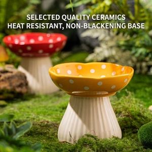 Elevated ceramic mushroom cat bowl with ergonomic slanted mouth for neck protection