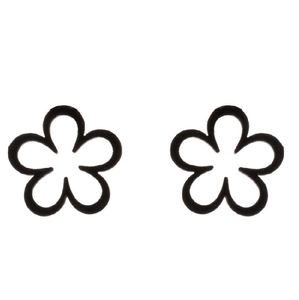 Minimalist hollow black flower stud earrings in stainless steel on white background