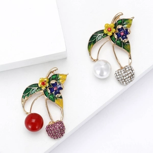 Cherry Brooch Alloy Rhinestone Enamel Faux Artificial Pearl Fruit Shape Fashion Jewelry Pin For Women Sweater Coat Accessory