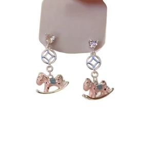 French style silver needle rocking horse earrings with pink enamel and sparkling heart zircon