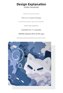 Detailed view of cat print umbrella with 99cm diameter and UPF 50+ protection data