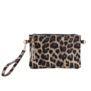 Fashionable leopard print clutch bag with gold hardware and stylish tassel zipper detail