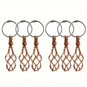 Set of 6 handmade brown woven rope necklace stone holders with adjustable wooden beads