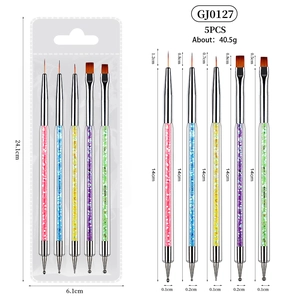 Set di 5 pennelli nail art a doppia punta con manici glitterati multicolore
