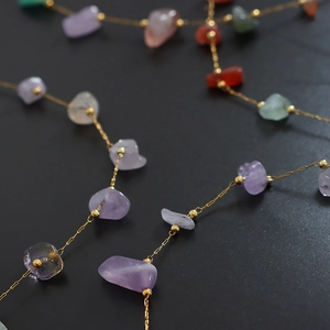 Ethnic style gold plated necklace with colorful natural semi-precious stones and small gold beads