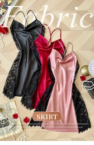 Flat lay of satin slip nightgowns with eyelash lace trim and silk texture in three colors