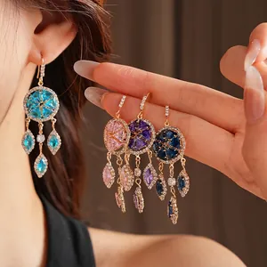 Vintage luxury rhombus tassel earrings with zircon inlays and colorful crystal drops