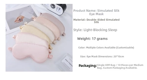 Detail of silk satin sleep masks in pink and gold with size 20x10cm specifications