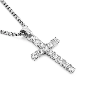 Collier pendentif croix argenté pour homme en acier inoxydable avec pierres brillantes