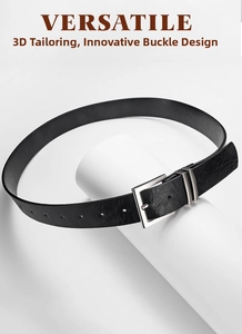 Close-up of classic black PU leather belt with silver rectangular buckle on white pedestal