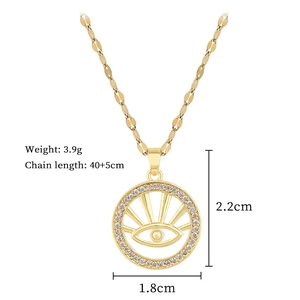 Detailed view of evil eye pendant with dimensions 2.2cm and 3.9g gold plating weight