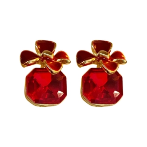 Vintage silver needle square floral earrings with red bows and gemstones in gold frames