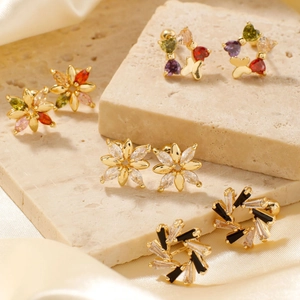 Boucles D Oreilles Puces Fleur Cuivre Plaqué Or Zircon Coloré Papillon Dos À Vis Bijoux Mode Délicats Pour Femmes