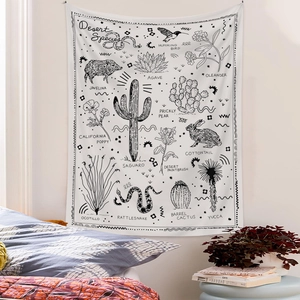 Ins style wall tapestry with black and white line art desert species and cactus motifs