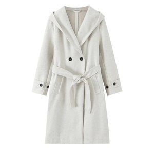 Chic cream-colored hooded wool coat with double-breasted buttons and adjustable waist belt