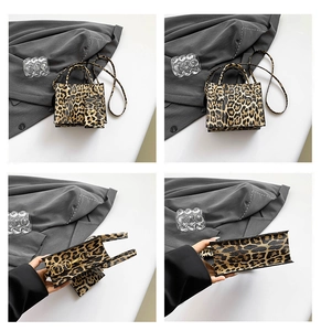 Detail view of leopard print mini handbag and coin purse set with gold-tone hardware