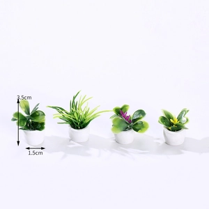 Set of 4 miniature dollhouse potted plants with white pots, height 3.5cm for gardening decor