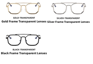 Detail of steampunk polygonal eyewear frames in gold, silver, and black metal finishes