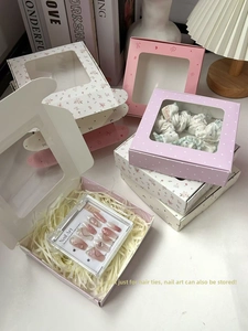 Detailed window gift box for scrunchies and nails with pink floral design and transparent lid