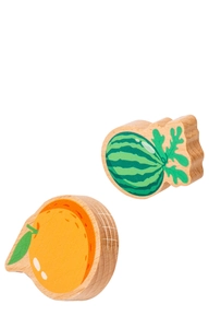 Close-up of wooden fruit blocks featuring watermelon and orange with natural grain texture