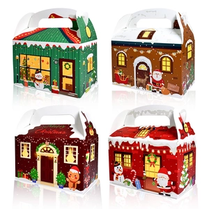 Set mit vier Weihnachts-Geschenkboxen mit Weihnachtsmann-, Schneemann- und Lebkuchenhaus-Motiven