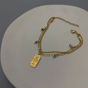 Double-layer 18K gold-plated Evil Eye bracelet with sun and moon rectangle pendant