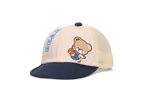 Close-up detail of a baby mesh baseball cap featuring a cute cartoon bear embroidery