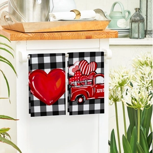 Absorbent Valentine’s Day kitchen towel with red heart truck and black plaid design