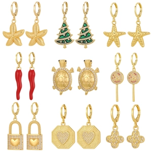 18K Gold Plated Copper Earrings For Women Fashion Jewelry Zirconia Heart Lock Starfish Turtle Clover Lollipop Chili Star Earrings